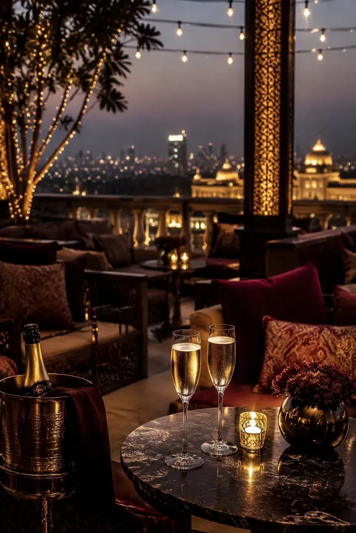 Luxury rooftop lounge in Surat at dusk with champagne glasses and warm city lights