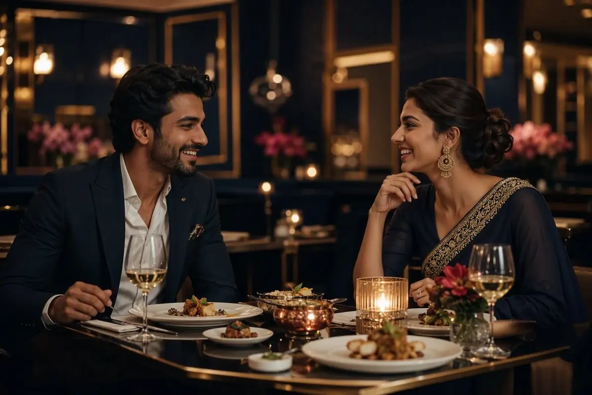 Sophisticated couple sharing a warm conversation over fine dining in Surat