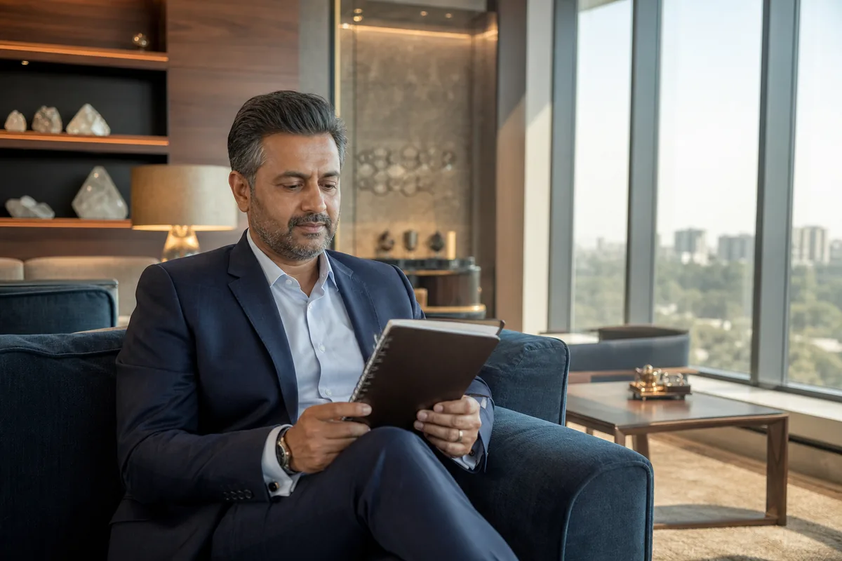 Established Indian businessman reviewing a notebook in a contemporary Surat office lounge