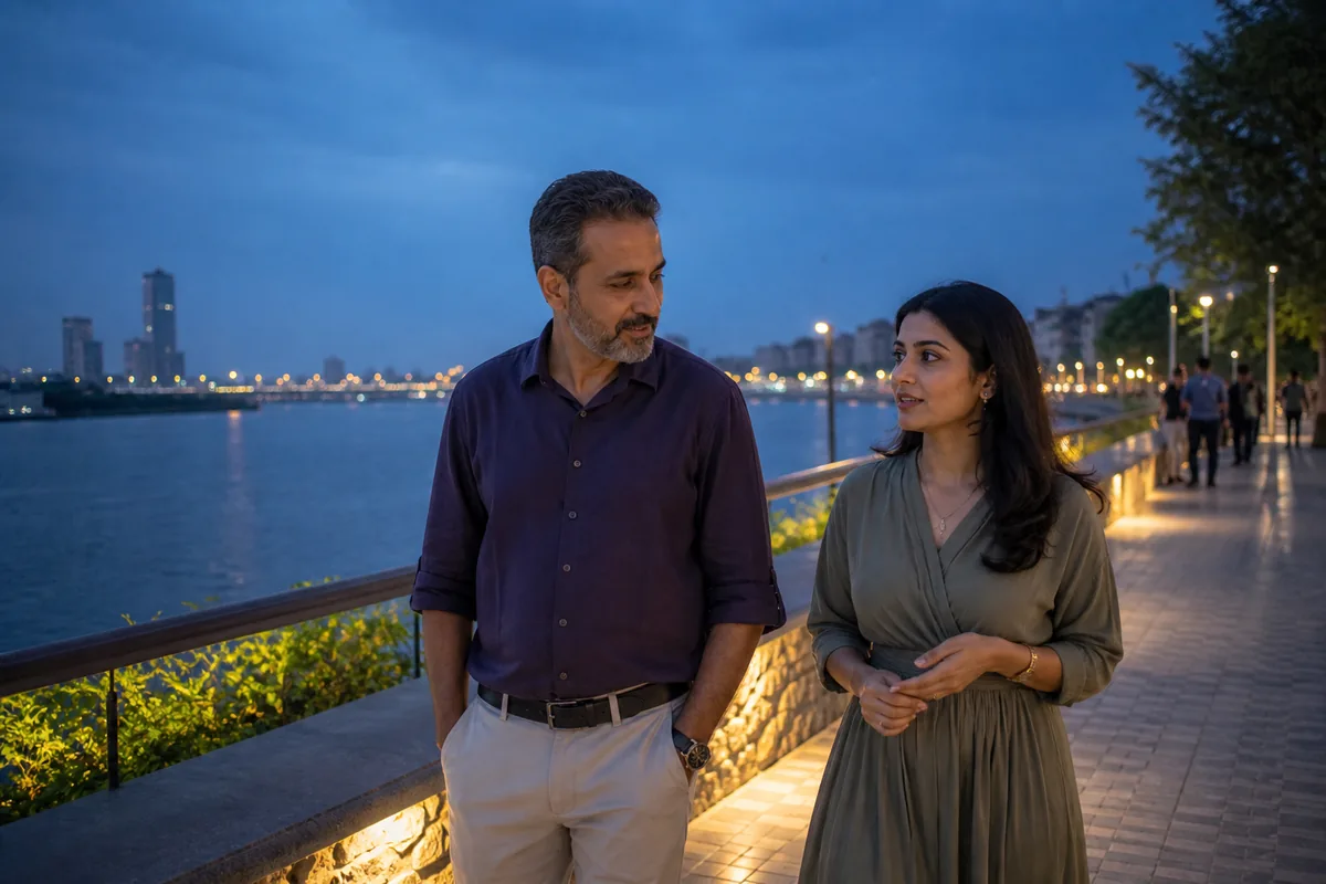 Adult Indian couple having a quiet conversation beside the Tapi riverfront in Surat